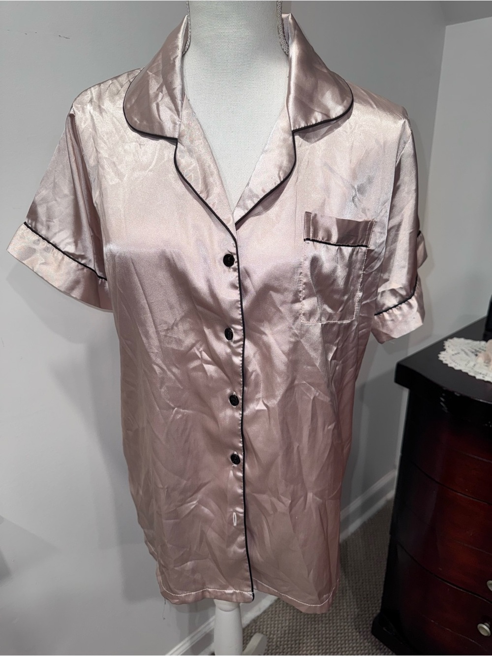Silky Rose Gold Short-Sleeve Pajama Top with Black Piping